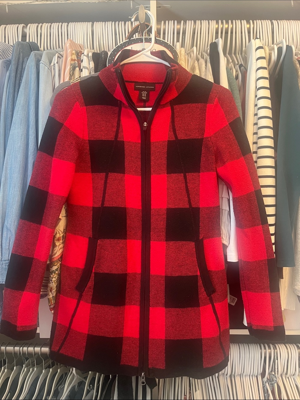 Adrienne Vittadini- Red and Black Buffalo-Check Zip Coat